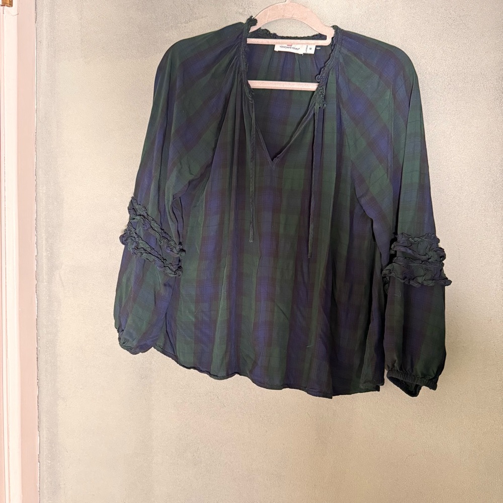 Vineyard Vines Women’s Plaid V-Neck Tie Front Ruffled Long Sleeve Blouse Size M
